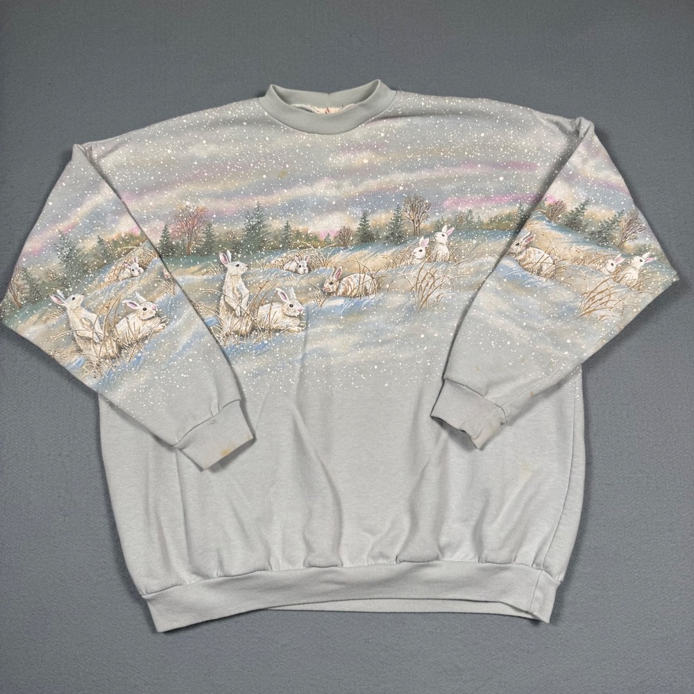 Vintage Winter Rabbit Sweatshirt Women XL Gray Cottagecore Snowy Forest Graphic